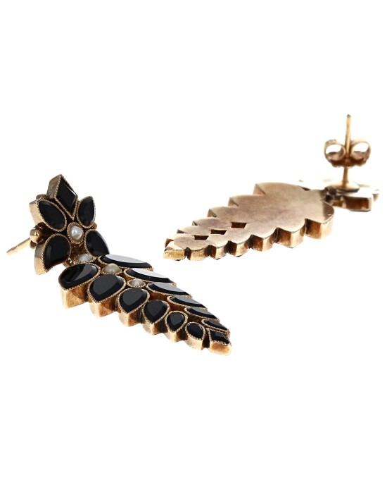 Vintage Black Onyx and Seed Pearl Foliate Motif Dangle Earrings